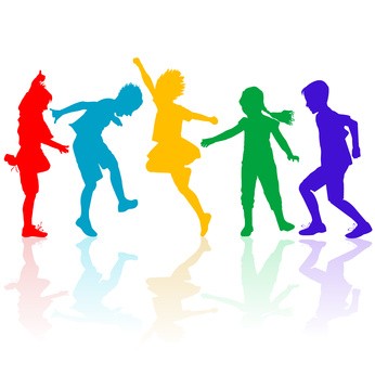 Colored silhouettes of happy children playing